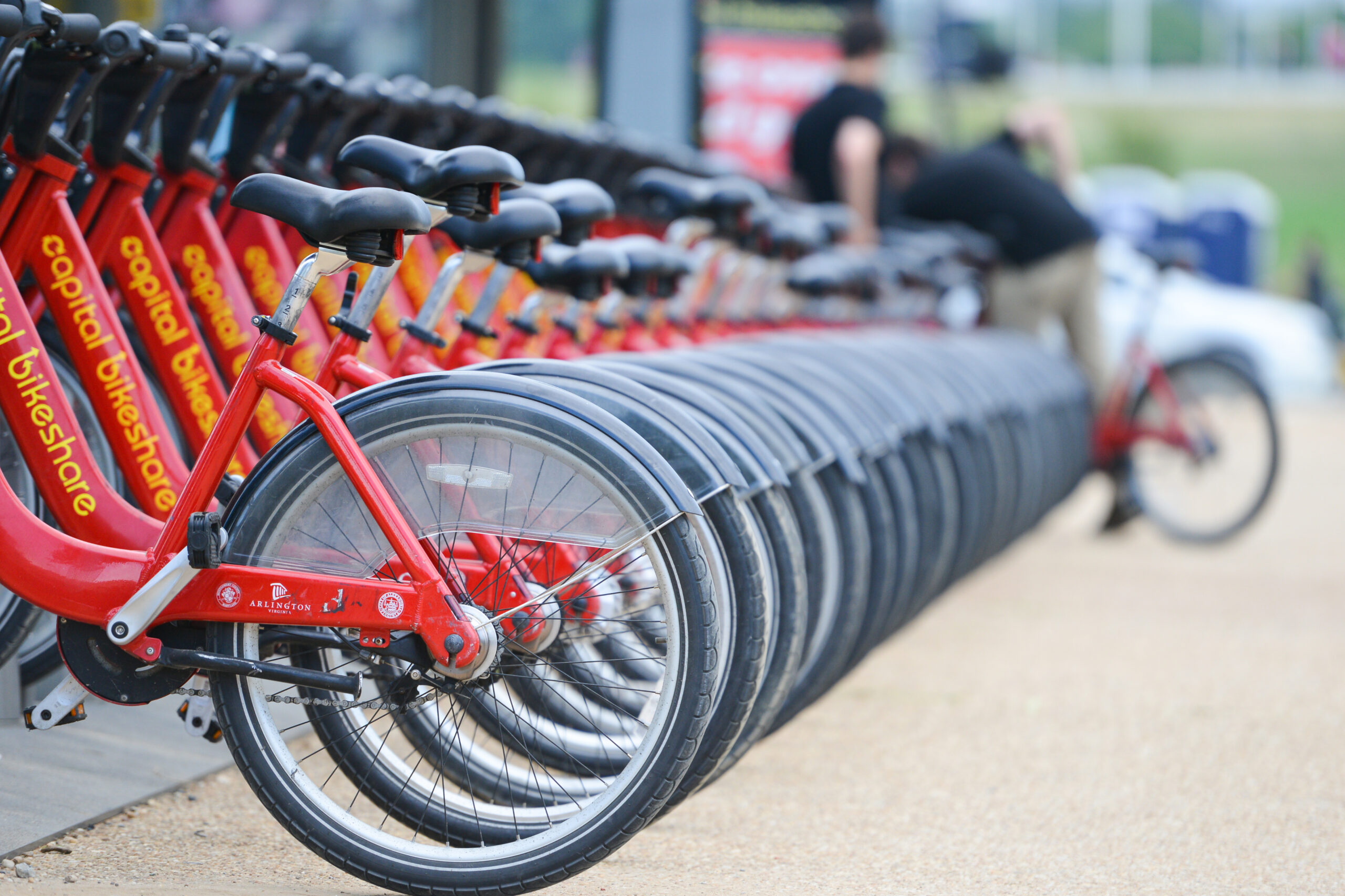 Red Capital Bikeshare bikes lined up.