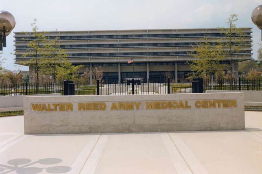 The sign for Walter Reed Army Medical Center in front of the building.