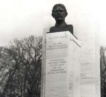 Black and white image of a statue of Walter Reed.