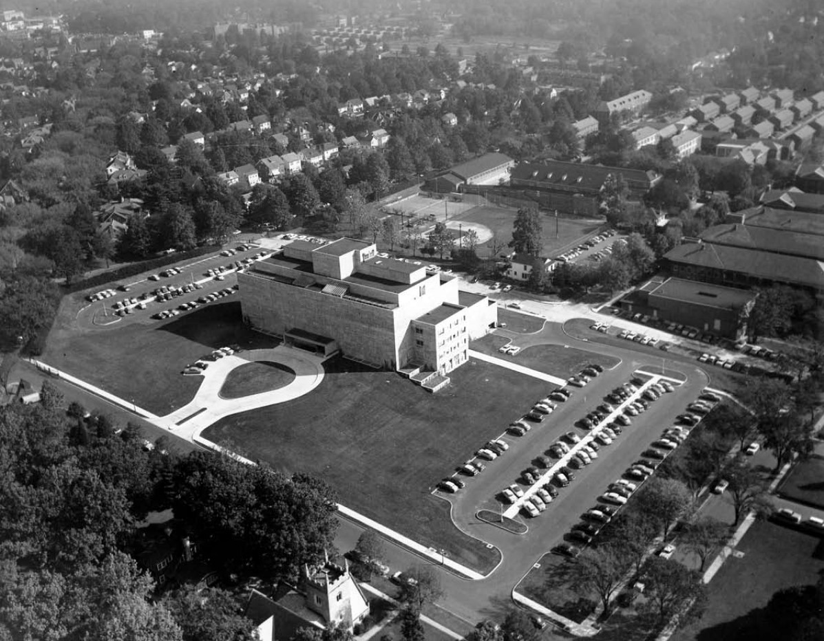 Black and white aerial image of a building.