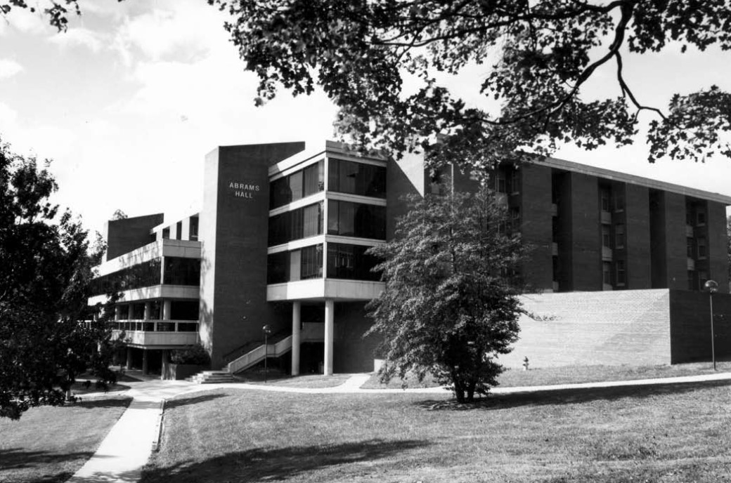 An antique black and white photo of Abrams Hall.