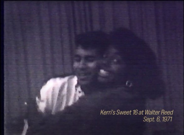 An antique photo of two people labeled 'Kerri's Sweet 16 at Walter Reed'.