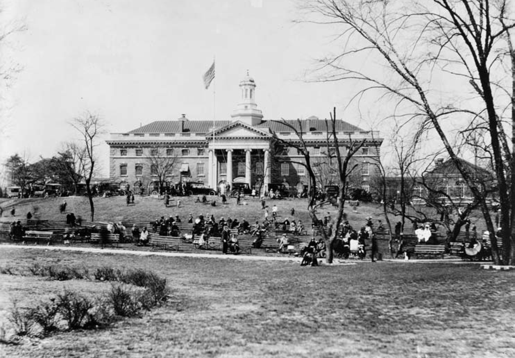 A black and white photo of a large lawn.